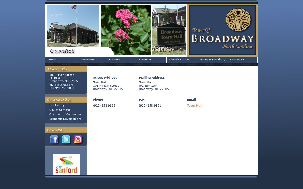 Broadway Town Hall official contact page and building