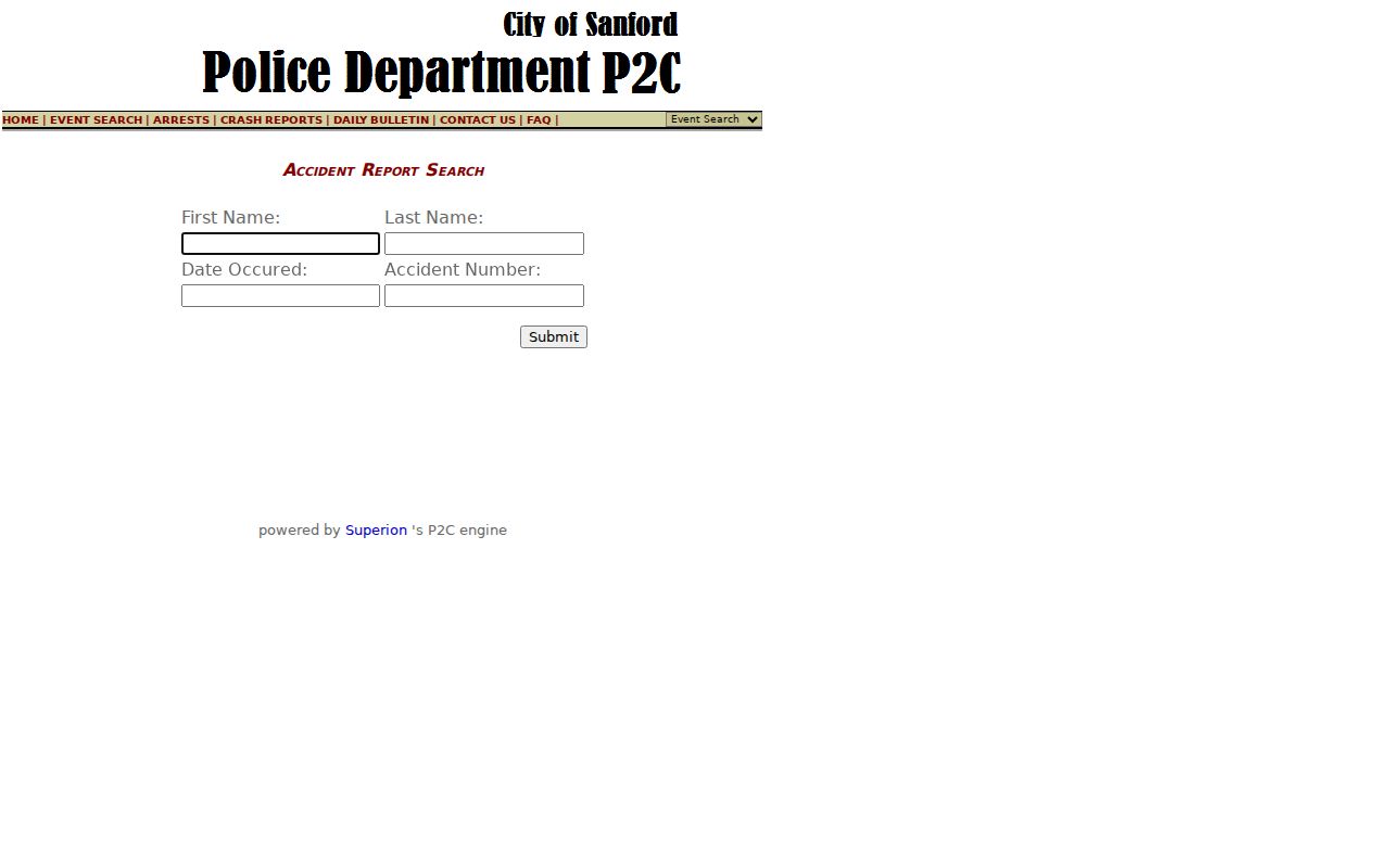 Sanford P2C crash report search fields